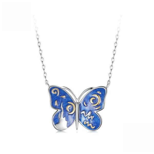 Sterling Silver Blue Enamel Butterfly Pendant Necklace-0