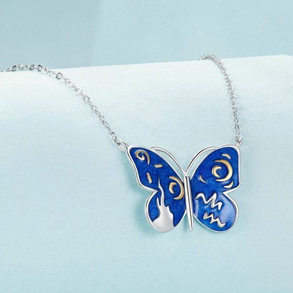 Sterling Silver Blue Enamel Butterfly Pendant Necklace-1