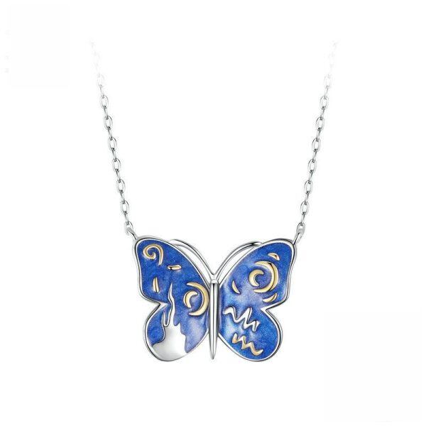 Sterling Silver Blue Enamel Butterfly Pendant Necklace-2