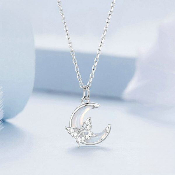 Sterling Silve Moon Butterfly Pendant Necklace-1