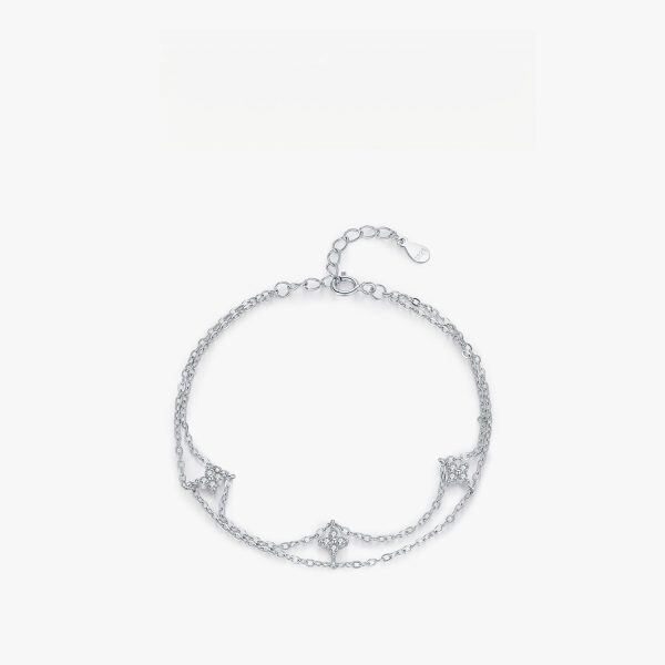 Sterling Silver Double Layered Four-Leaf Clover Chain Bracelets-1