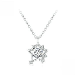 Sterling Silve Shining CZ Hollowed Star Pendant Necklace-0