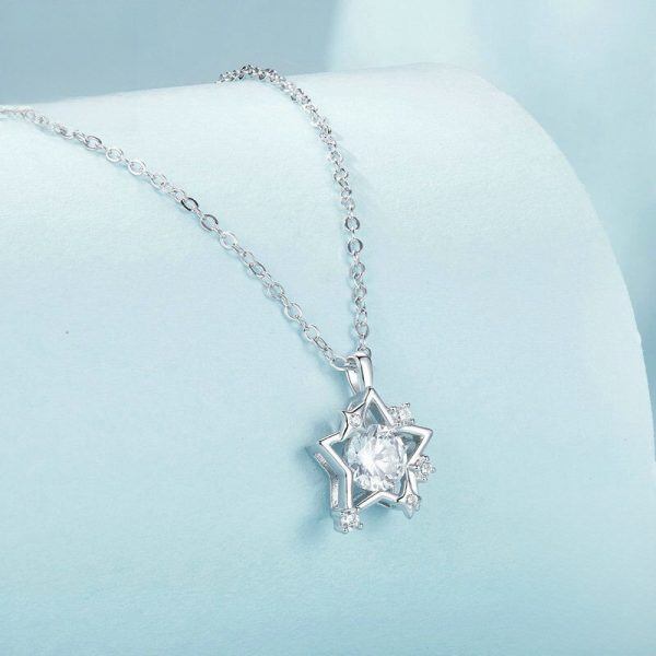 Sterling Silve Shining CZ Hollowed Star Pendant Necklace-1