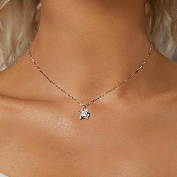 Sterling Silve Shining CZ Hollowed Star Pendant Necklace-3