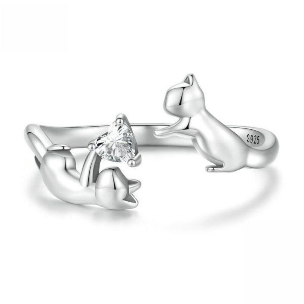 Sterling Silver Cute Cat Adjustable Rings-0