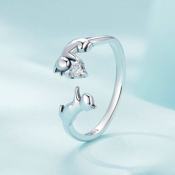 Sterling Silver Cute Cat Adjustable Rings-1