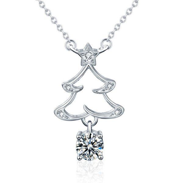 Sterling Silver Moissanite Christmas Tree Pendant Necklace-0