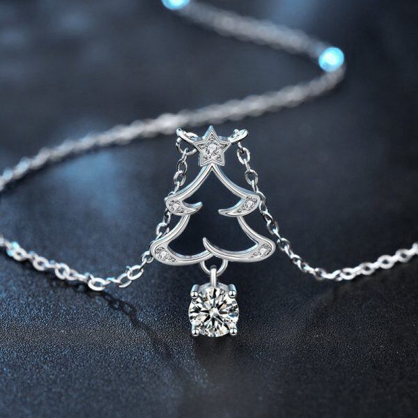 Sterling Silver Moissanite Christmas Tree Pendant Necklace-2