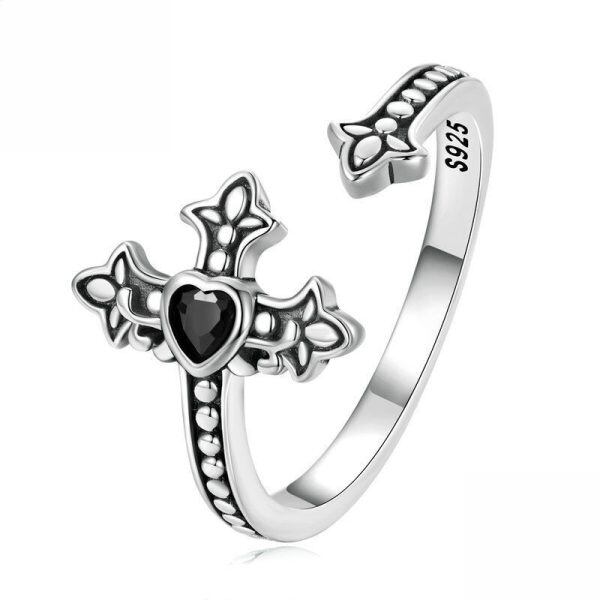 Sterling Silve Cross Adjustable Rings with Black CZ-0