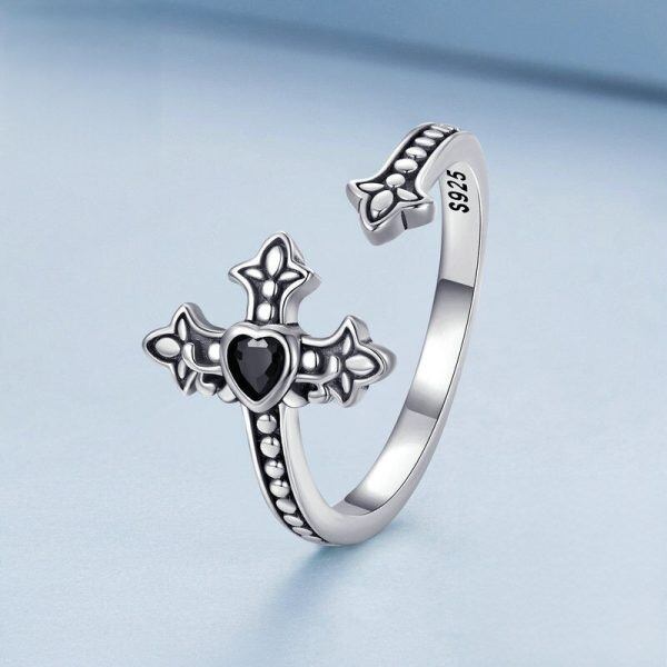 Sterling Silve Cross Adjustable Rings with Black CZ-3