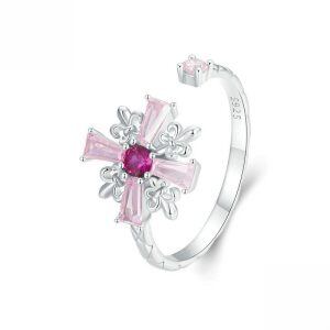 Sterling SilveFloral Pink Iris Cross Adjustable Rings-0