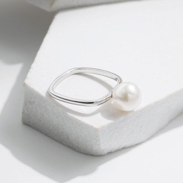 Sterling Silver Pearl Square Stacking Rings-4