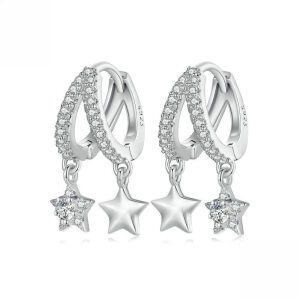 Sterling Silver Double Ring Star Hoop Earrings-0