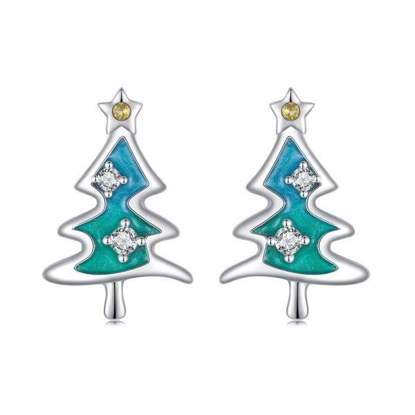 Sterling Silver Enamel Christmas Tree Stud Earrings-0