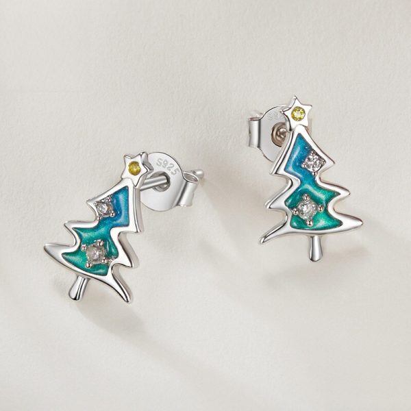 Sterling Silver Enamel Christmas Tree Stud Earrings-1