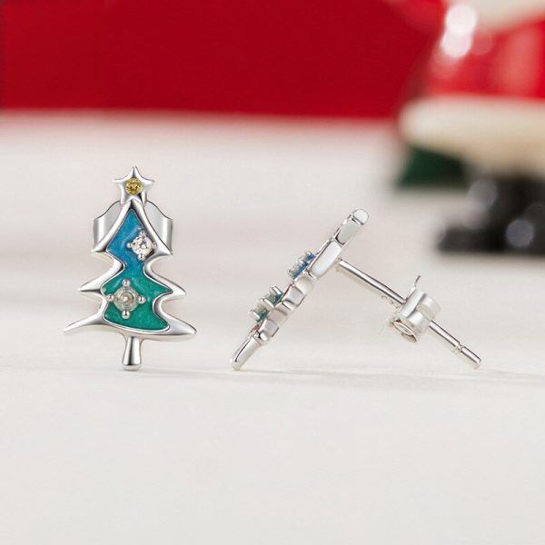 Sterling Silver Enamel Christmas Tree Stud Earrings-2