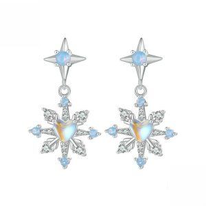 Sterling Silver Moonstone Snowflake Dangle and Drop Earrings-0