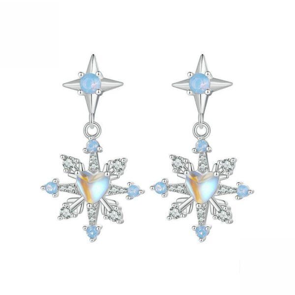 Sterling Silver Moonstone Snowflake Dangle and Drop Earrings-0