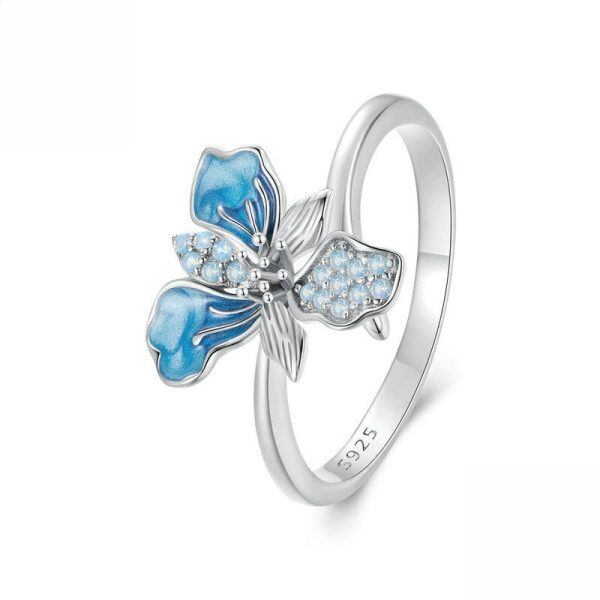 Sterling Silver Blue Iris Flower Adjustable Rings-0