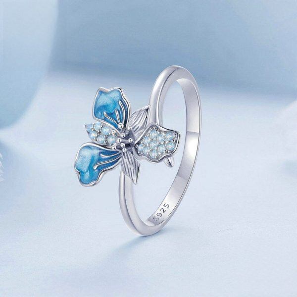 Sterling Silver Blue Iris Flower Adjustable Rings-1