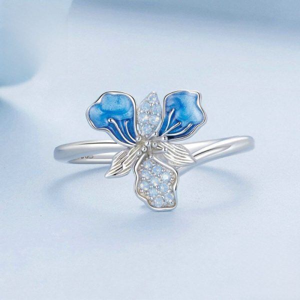 Sterling Silver Blue Iris Flower Adjustable Rings-2