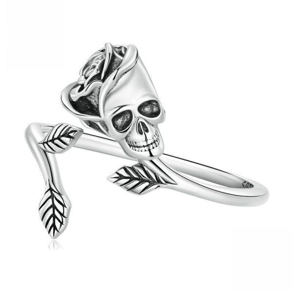 Sterling Silver Gothic Skull Rose Adjustable Rings-0