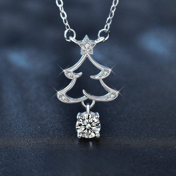 Sterling Silver Moissanite Christmas Tree Pendant Necklace-1