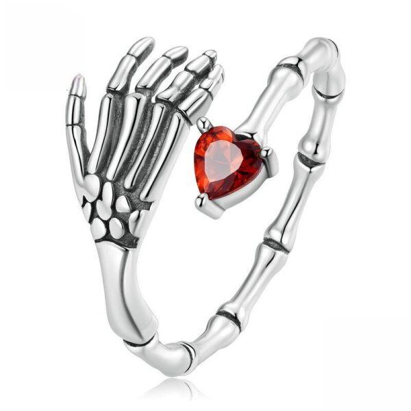 Sterling Silver Skull Hand with Red Heart CZ Adjustable Rings-0