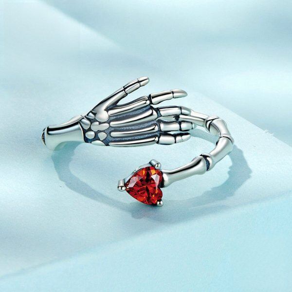 Sterling Silver Skull Hand with Red Heart CZ Adjustable Rings-2