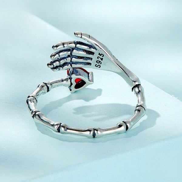 Sterling Silver Skull Hand with Red Heart CZ Adjustable Rings-1