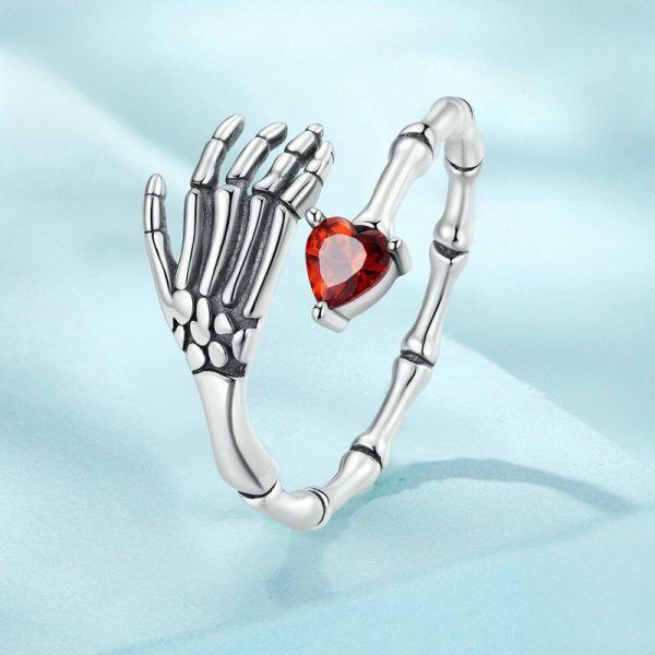 Sterling Silver Skull Hand with Red Heart CZ Adjustable Rings-3