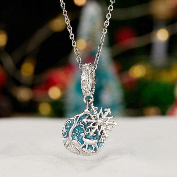 Sterling Silver Reindeer Snowflake Pendant Necklace-1