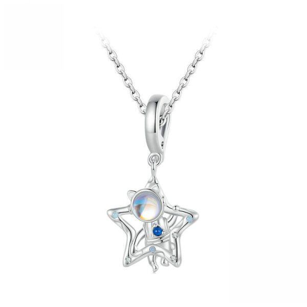 Sterling Silver Moonstone Astronaut &Star Pendant Necklace-0