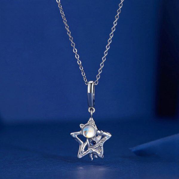 Sterling Silver Moonstone Astronaut &Star Pendant Necklace-1