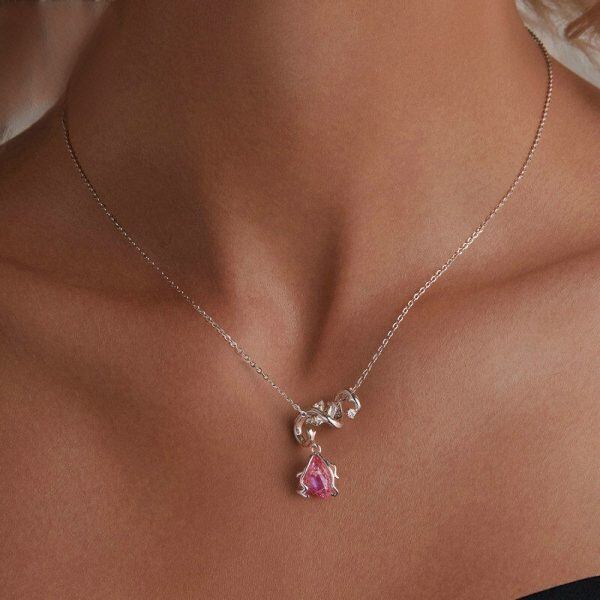 Sterling Silver Pink Rose Pendant Necklace-3