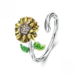 Sterling Silver Enamel Sunflower Adjustable Rings-0