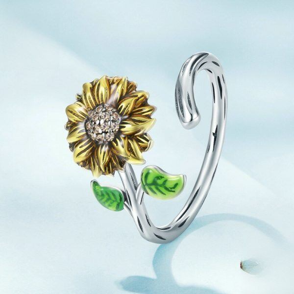 Sterling Silver Enamel Sunflower Adjustable Rings-1