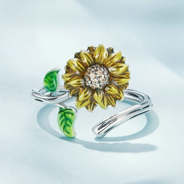 Sterling Silver Enamel Sunflower Adjustable Rings-2