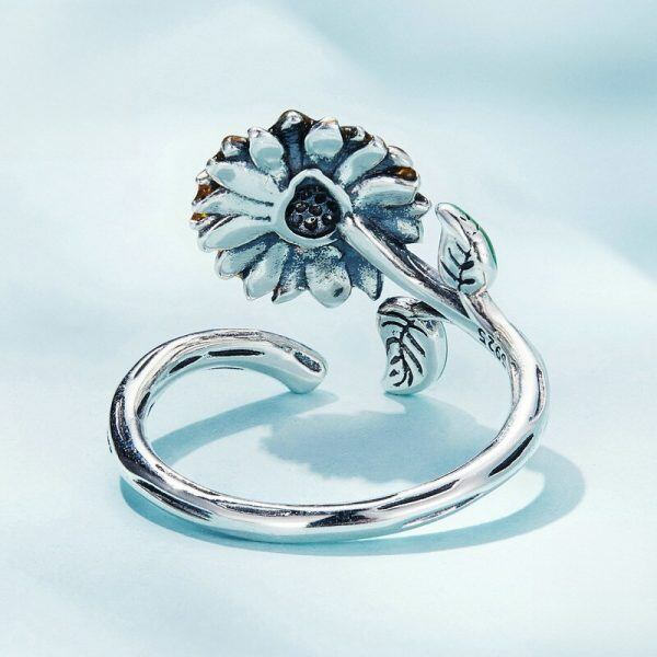 Sterling Silver Enamel Sunflower Adjustable Rings-4