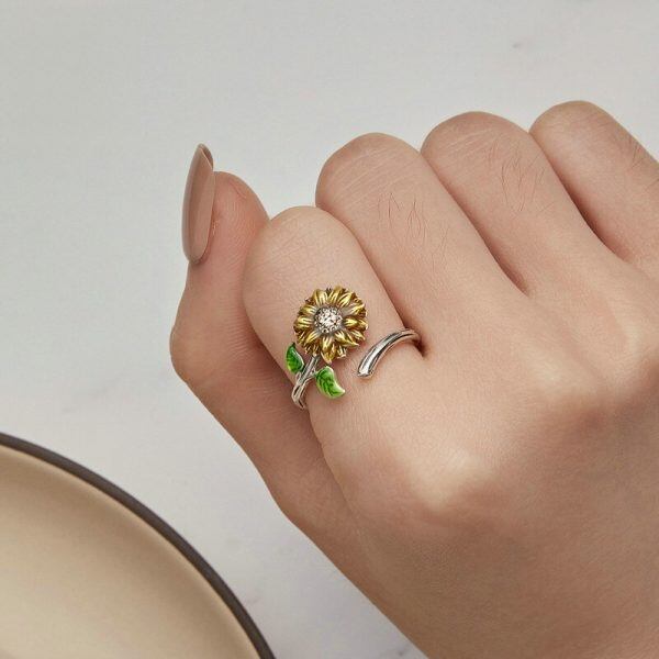 Sterling Silver Enamel Sunflower Adjustable Rings-3