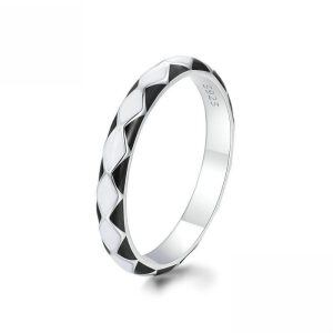 Sterling Silver Enamel Black and White Chevron Stacking Rings-0