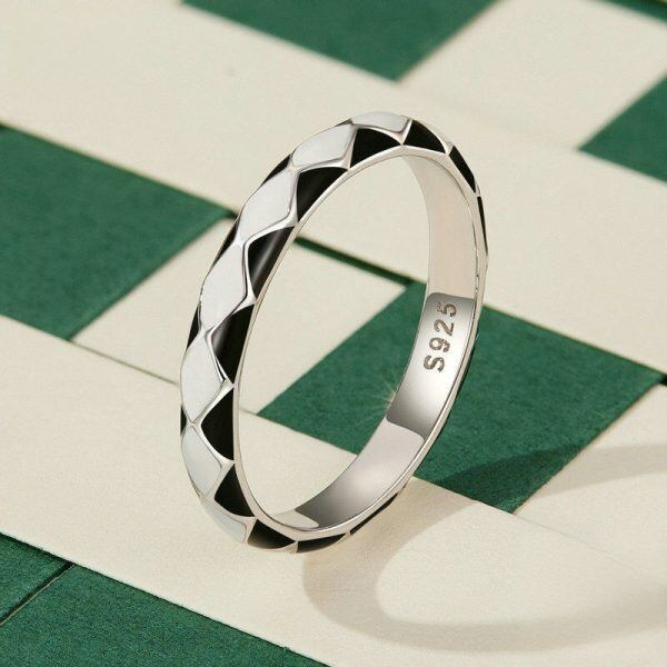 Sterling Silver Enamel Black and White Chevron Stacking Rings-1