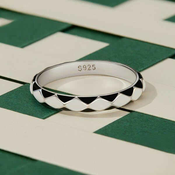 Sterling Silver Enamel Black and White Chevron Stacking Rings-2