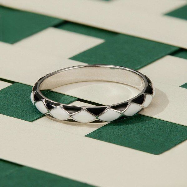 Sterling Silver Enamel Black and White Chevron Stacking Rings-3