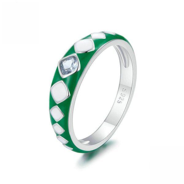 Sterling Silver Enamel Green and White Chevron Stacking Rings-0