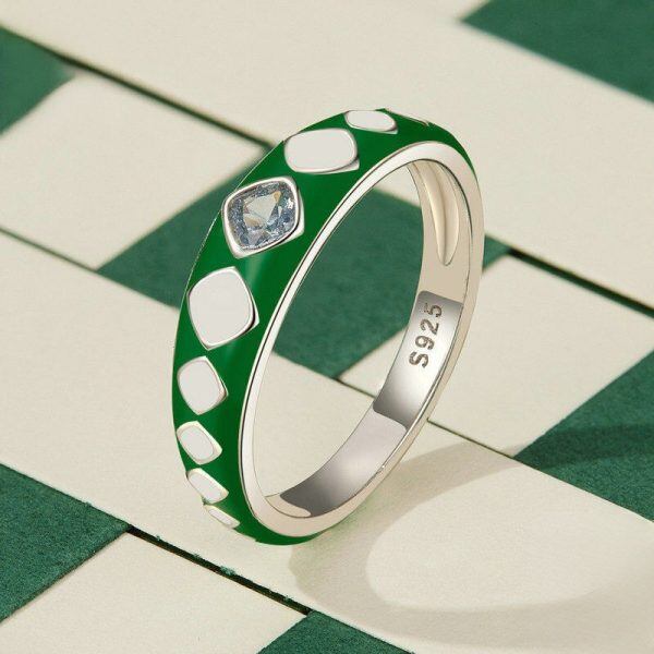 Sterling Silver Enamel Green and White Chevron Stacking Rings-1