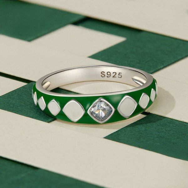 Sterling Silver Enamel Green and White Chevron Stacking Rings-2