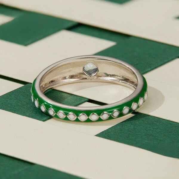 Sterling Silver Enamel Green and White Chevron Stacking Rings-3