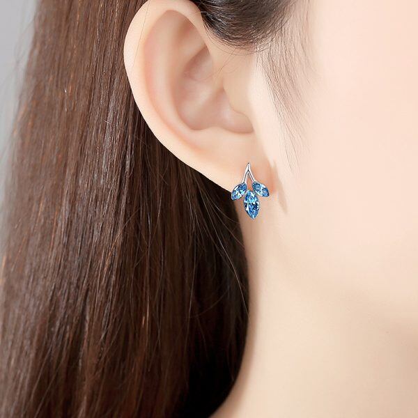 Sterling Silver Maple Leaf Crystal Stud Earrings-3