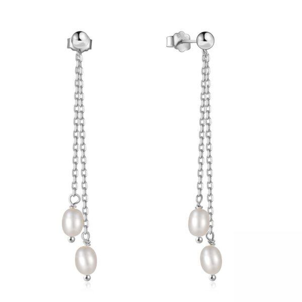 Sterling Silver Double Chain Tassel Pearl Dangle and Drop Earrings-1